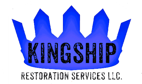 Kingship Restoration Services LLC logo featuring a blue crown symbol and bold text, representing commercial restoration and remodeling expertise.